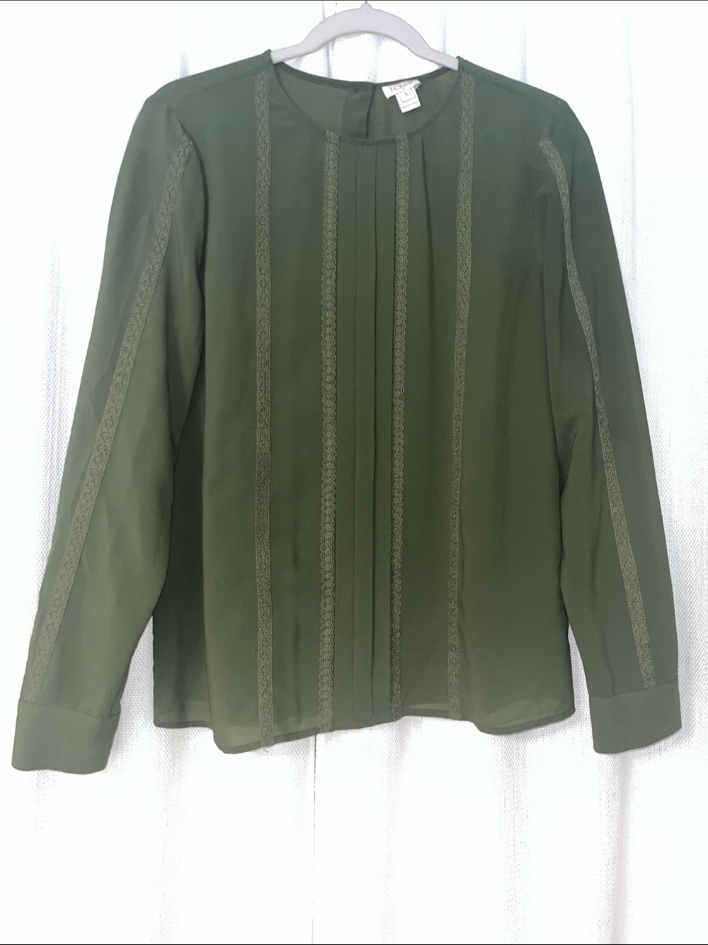 J.Crew Olive Green Pintuck Lace-Trim Blouse